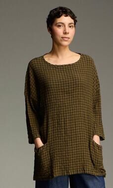 Cut Loose Size Pocket Tunic Black Kelp Gingham Lagenlook Cotton Boxy Made in USA